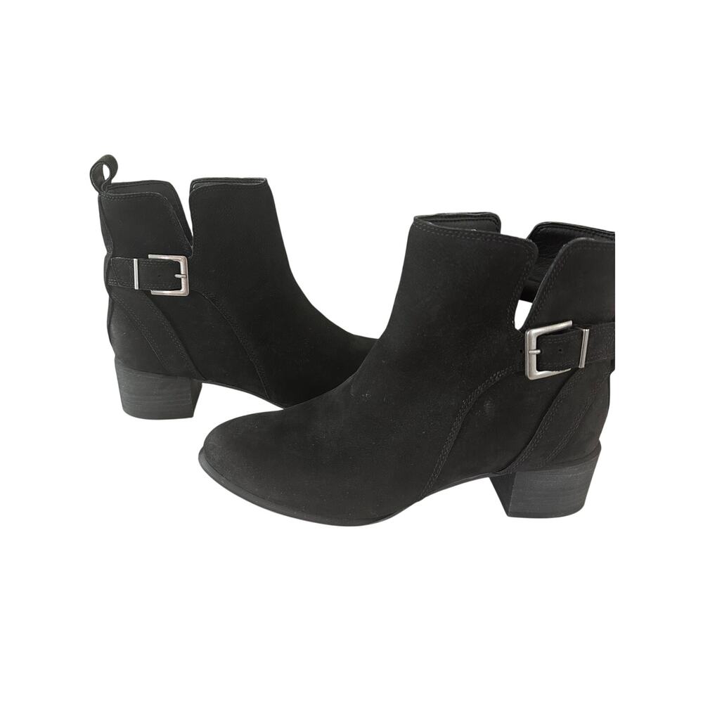 Vionic Sienna Womens 7 Black Suede Ankle Boots Buckle Block Heel Booties Comfort